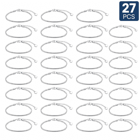 Adjustable Snake Chain Bracelets - 7.9 Inch Silver Charm Bracelet Chains with Heart Extender for DIY Crafts and Mother's Day Gifts,27 Pcs