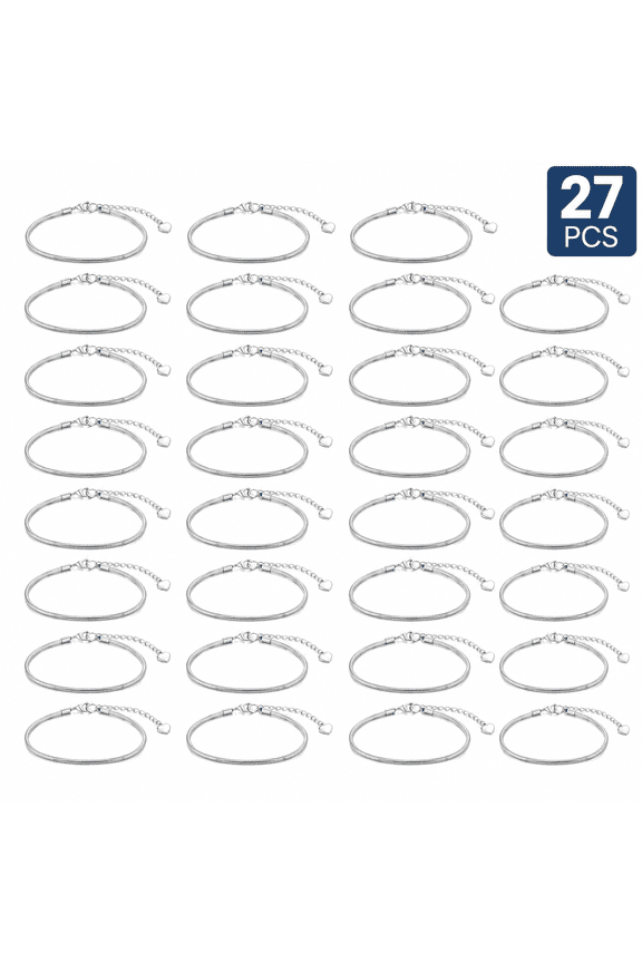 Adjustable Snake Chain Bracelets - 7.9 Inch Silver Charm Bracelet Chains with Heart Extender for DIY Crafts and Mother's Day Gifts,27 Pcs