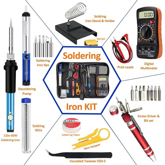 Adjustable Soldering Iron Kit with 5 Tips, Desoldering Pump, Wire Stripper, Carry Case 60W 110V