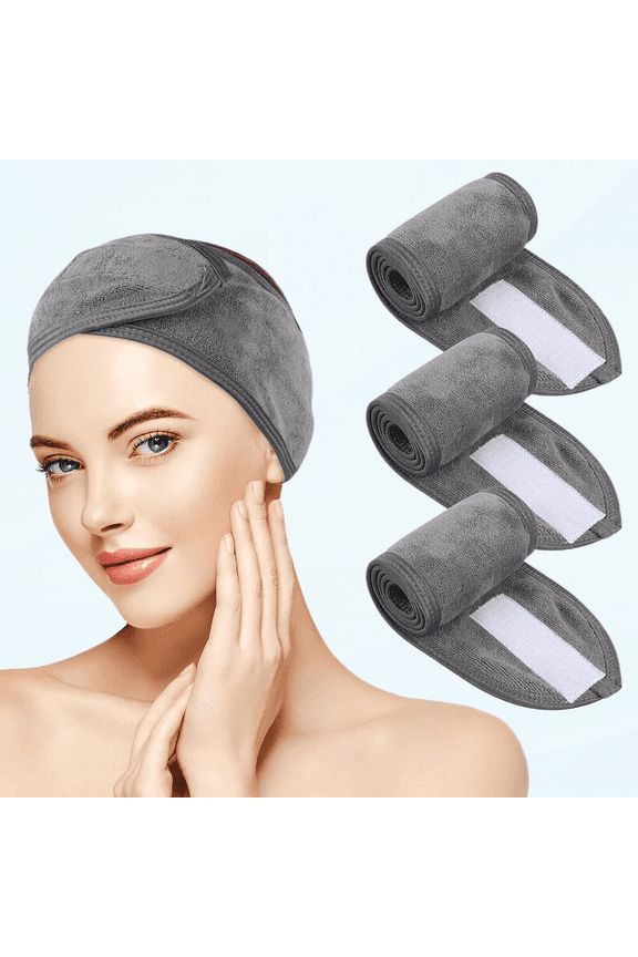 Adjustable Spa Facial Headband, Soft and Breathable Makeup Wrap for Face Washing, Shower, Yoga Sports, 3 Pack Gray