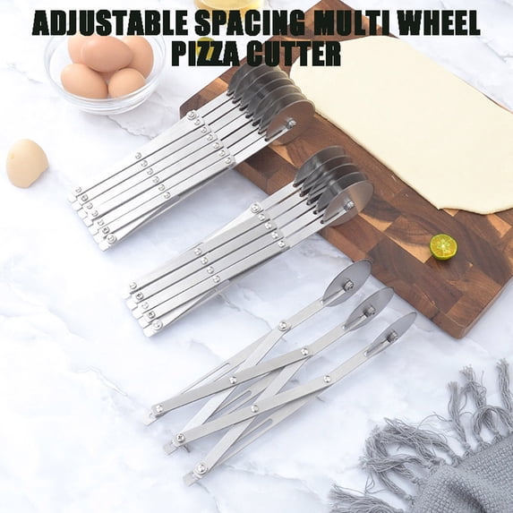 Adjustable Spacing Stainless Steel Slicing Cutting Tool, Multi Wheel Dicing Cutter, Silver, for Baking and Pizza, Rolling Dough, Food Prep, 1pc, by IHXORA