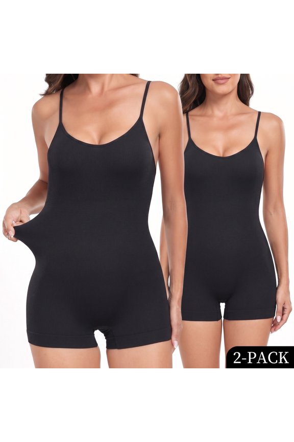 Adjustable Spaghetti Strap Ribbed Shapewear Bodysuit Mid Thigh Tummy Control Shaper