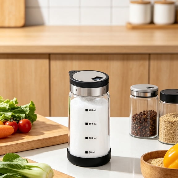Adjustable Spice Shaker Bottle - 150ml Glass Pepper Dispenser with Rotatable Stainless Steel Lid, Measuring Mark Seasoning Container for Kitchen