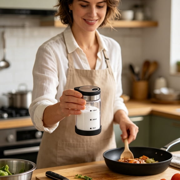 Adjustable Spice Shaker Bottle - 150ml Glass Pepper Dispenser with Rotatable Stainless Steel Lid, Measuring Mark Seasoning Container for Kitchen
