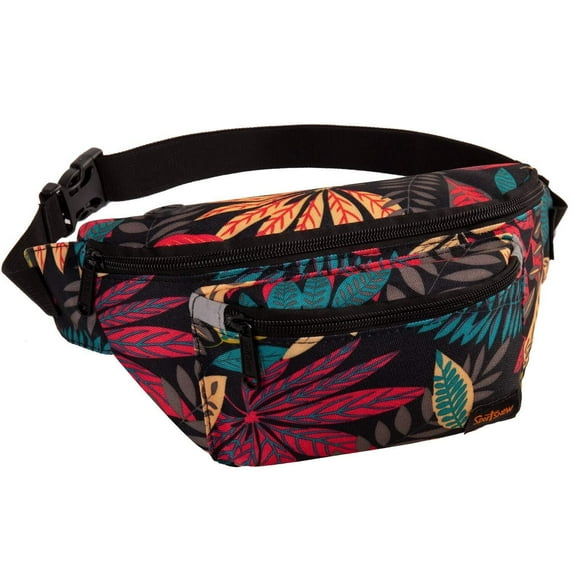 Adjustable Sports Fanny pack on Waist with Headphone Hole Running Crossbody Sling pack Women Fashion Chest Bag for Travel Cycling Hiking, Black Leaf