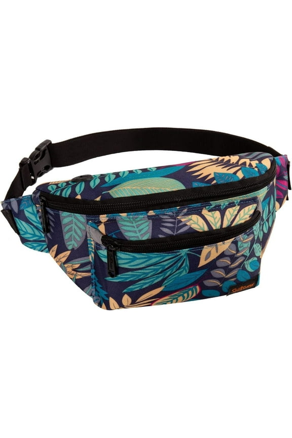 Adjustable Sports Fanny pack on Waist with Headphone Hole Running Crossbody Sling pack Women Fashion Chest Bag for Travel Cycling Hiking, Blue Leaf