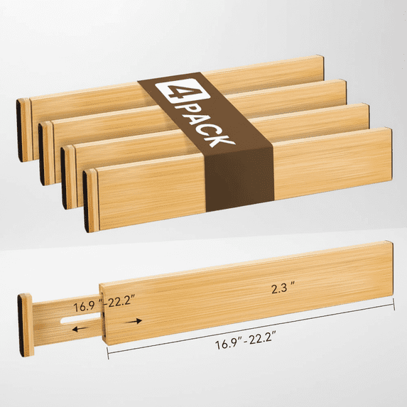 Adjustable Spring-Loaded Drawer Organizer Set, 4-Pack Bamboo Dividers ...