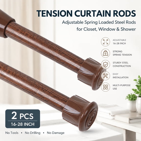 Adjustable Spring Tension Rods for Curtains, 2 Pack, 16-28 Inch Extendable Closet, Window, Bathroom Bars for Home and DIY Use