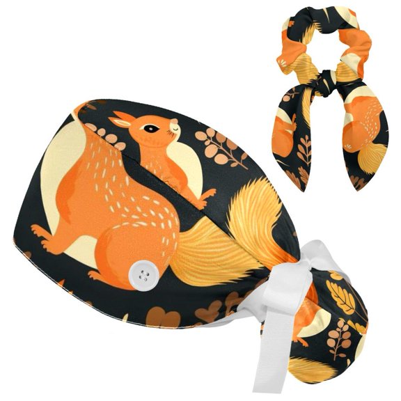 Adjustable Squirrel Scrub Cap, Working Hat Hair Cover with Ponytail Pouch, Soft Bouffant Surgical Nurse Cap