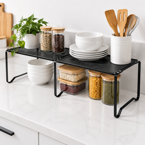 Adjustable Stackable Metal Organizer Shelves, 15-24.4in Extendable, 2 Piece White