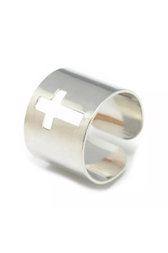 Adjustable Stainless Steel Cuff Ring Wide Band Cross Silver Statement Polished Z743