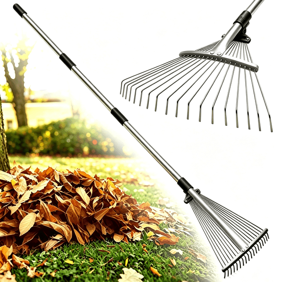 Adjustable Stainless Steel Garden Leaf Rake, 68 Inch Telescopic Handle with 7.9-17.3 Inch Expandable Head, 15 Metal Tines Yard Tool for Lawn Leaves, Mulch & Yard Debris