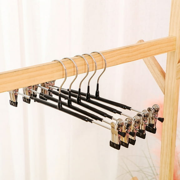 Adjustable Stainless Steel Pants Hanger with Non-Slip Plastic Coated Clips - Heavy Duty 12 Inch Skirt Trouser Hanger with 360° Rotating Clamps - Black Space Saving Closet Organizer