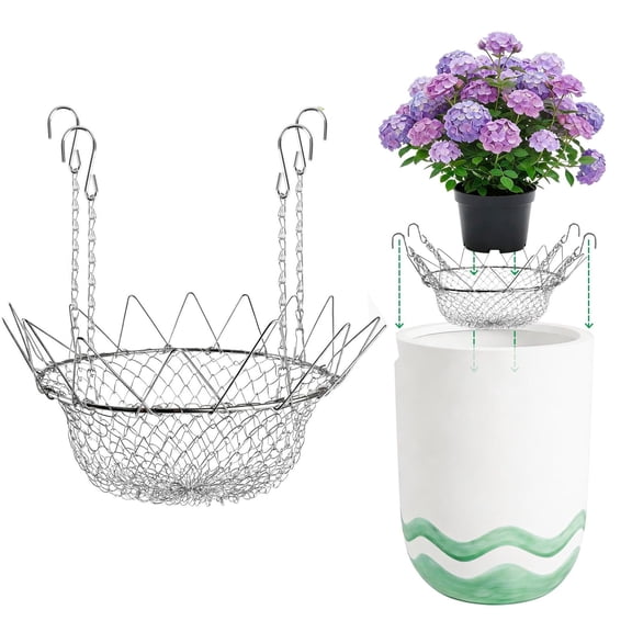 Adjustable Stainless Steel Planter Riser, 12-18 Inch Planter Insert with Chain & Hooks, Indoor Outdoor Pot Lifter for Tall Round Planters