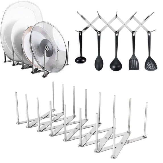 Adjustable Stainless Steel Pot Lid Organizer Rack, Multipurpose Holder for Lids, Plates, and Pans - Drying Rack