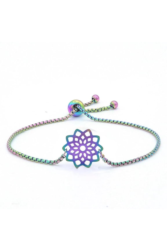 Adjustable Stainless Steel Slider Bracelet Bracelet Box Flower Rainbow 9.6" Z224