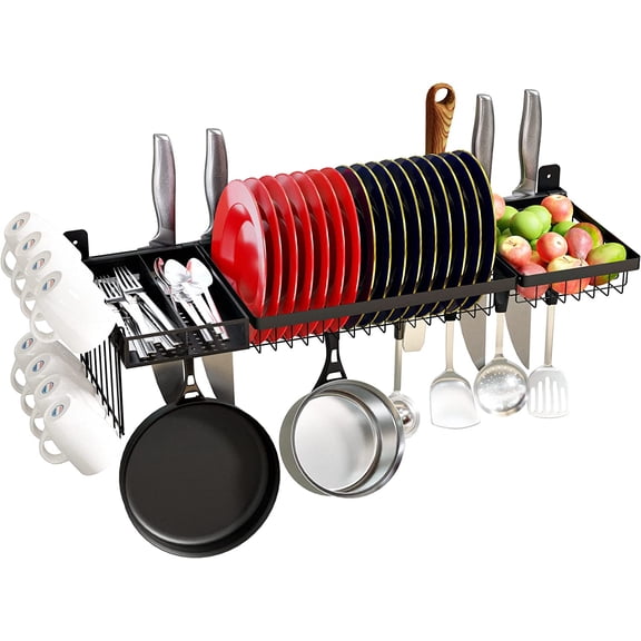 Adjustable Stainless Steel Wall Mounted Over the Sink Dish Drying Rack, Large Capacity Pot Rack Dish Rack with Utensil Holder for Kitchen Storage Organizer