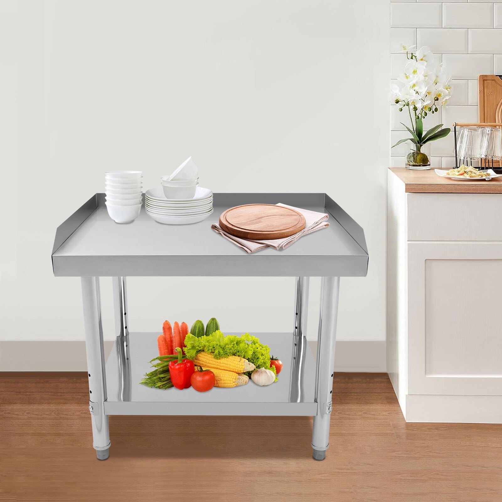 Adjustable Stainless Steel Work Table with Lower Shelf & Backsplash – Heavy-Duty 154 lbs Load Capacity, Rust-Resistant, Easy Clean, Perfect for Kitchen & Garage