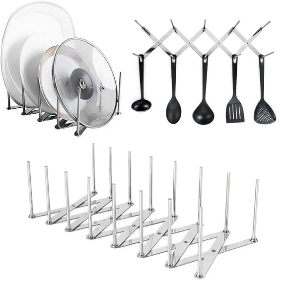 Adjustable Stainless kitchen pot lid holder and Plate Organizer Rack, 8 Movable Dividers Fit Pans/Lids, Anti-Slip Silicone Base Protects Countertops