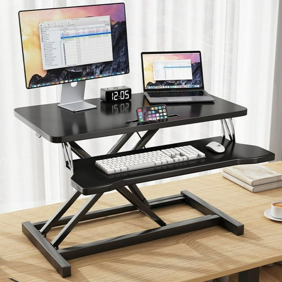 Adjustable Standing Desk Converter, Height Adjustable Desk Riser, Manual Pneumatic Spring Laptop Workstation with Keyboard Tray for Home, School (Black)