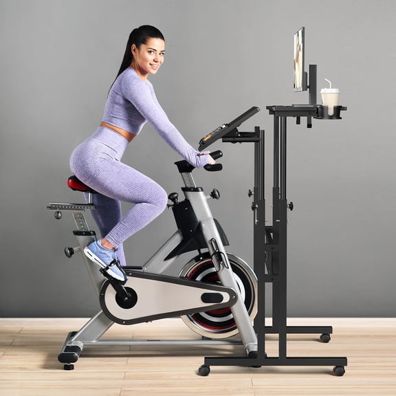 Adjustable Standing Desk Converter with Wheels for Tall Treadmill Users, Portable Rolling Computer Table with Drink Holder and Tablet Notch