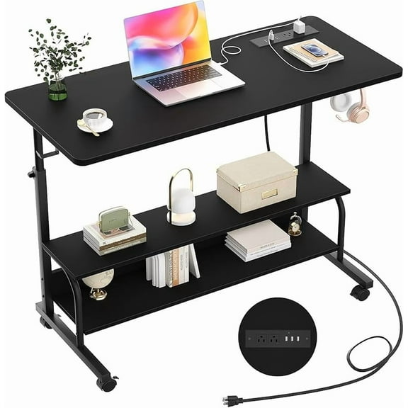 Adjustable Standing Desk with Power Outlets, 32" Manual Stand Up Desk with Storage Shelves Small Mobile Rolling Computer Desks Portable Laptop Table with Wheels for Home Office, White