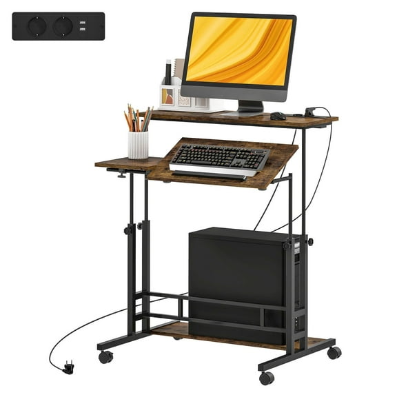 Adjustable Standing Desk with Power, Tiltable Tabletop, Mobile Desk with Wheels & Shelf - Home Office Standing Desk, Brown