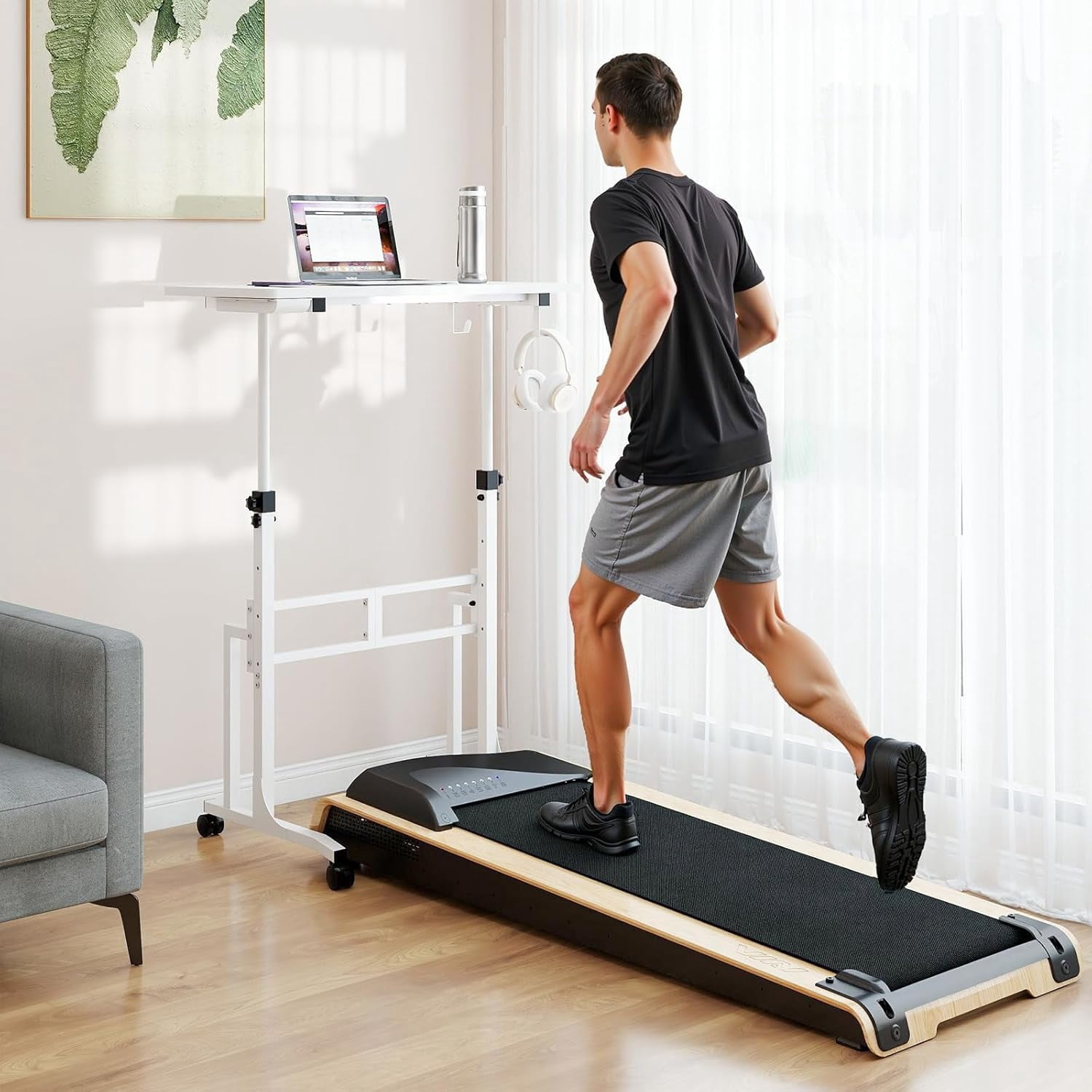 Standing Desk with Wheels, Adjustable Treadmill Desk, Rolling Bike Trainer Desk for Walking Pad Laptop, Phone Standing, White