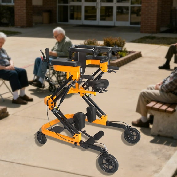 Adjustable Standing Frame for Rehabilitation, Standing Walker with Seat and Armrest, Upright Platform Walker for Seniors, 74 lbs, Yellow