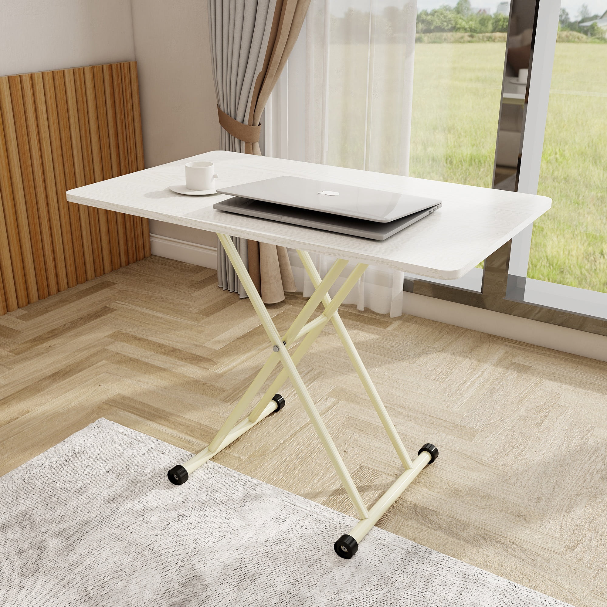 Adjustable Standing Table 39.37 Inch, Portable Folding Desk with Rolling Wheels, Height Adjustable Table for Indoor and Outdoor Use, No Assembly Required, White