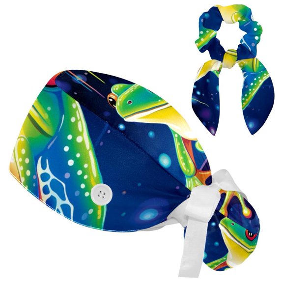 Adjustable Starry Frog Scrub Cap, Working Hat Hair Cover with Ponytail Pouch, Soft Bouffant Surgical Nurse Cap