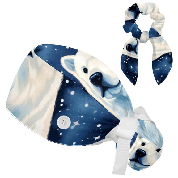 Adjustable Starry Polar Bear Women Bouffant Cap with Buttons Scrub Hat for Woman