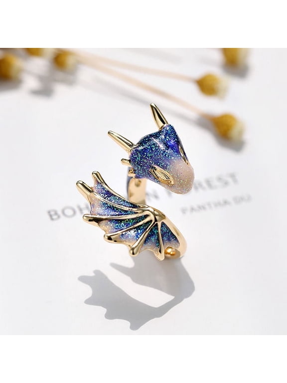 Adjustable Starry Sky Blue Dragon Open Ring - Unique and Trendy Statement Ring for Women