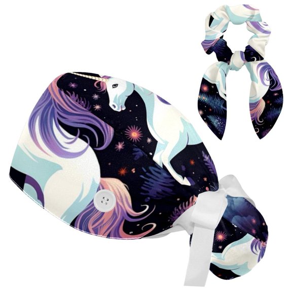 Adjustable Starry Unicorn Women Bouffant Cap with Buttons Scrub Hat for Woman