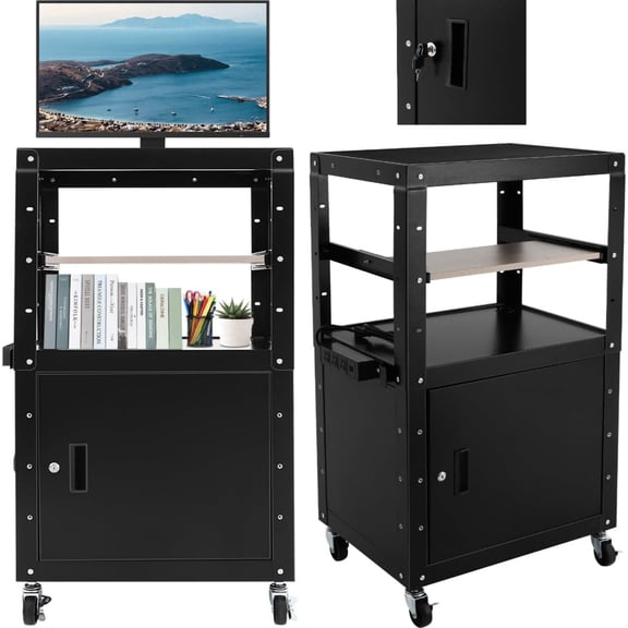 Adjustable Steel AV Cart with Locking Cabinet & Wheels Mobile Computer Cart with Storage Projector Cart