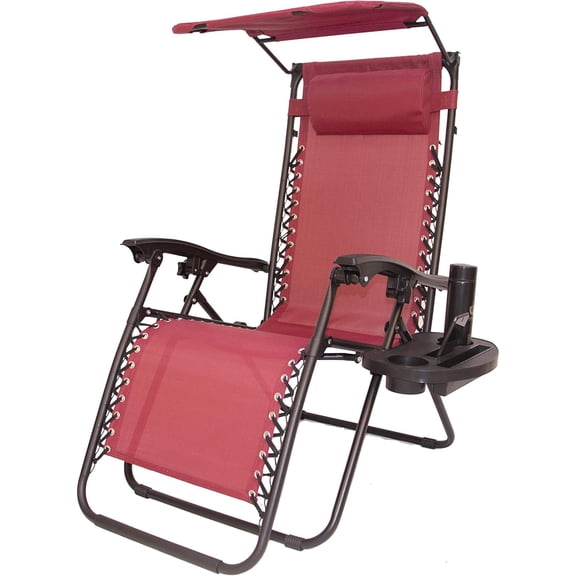 Adjustable Steel Mesh Zero Gravity Lounge Chair Case Outdoor Patio Recliner Beach Yard Garden with Pillow Sunshade Utility Tray Cup Holder (One Piece, Red Burgundy with Canopy)