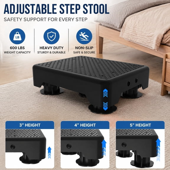 Adjustable Step Stool for Adults, Heavy Duty 600 LBS Capacity, Wide Non-Slip Platform, Indoor Outdoor Safety Bed Steps for Seniors and Elderly Assistance