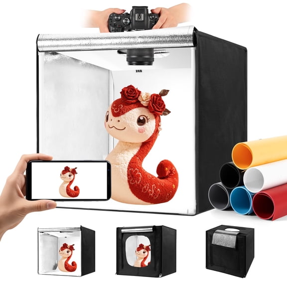 Adjustable Stepless Dimming Photo Studio LightBox, 12-32 Inch Portable Shooting Tent with 189 LED Beads, 6 Color Backdrop Sheets, Professional Photography Kit for Jewelry Cosmetics