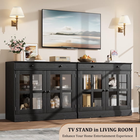 Adjustable Storage Buffet Cabinet – 2 Glass Door Sideboard with Large Drawer for Dining Room, Kitchen & Entryway, black