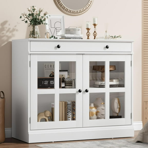 Adjustable Storage Buffet Cabinet – 2 Glass Door Sideboard with Large Drawer for Dining Room, Kitchen & Entryway, white