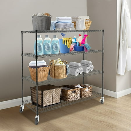 Adjustable Storage Rack 24*60*54in Modern Black Adjustable Wire Shelving with Wheels, 4-Tier Storage Shelf