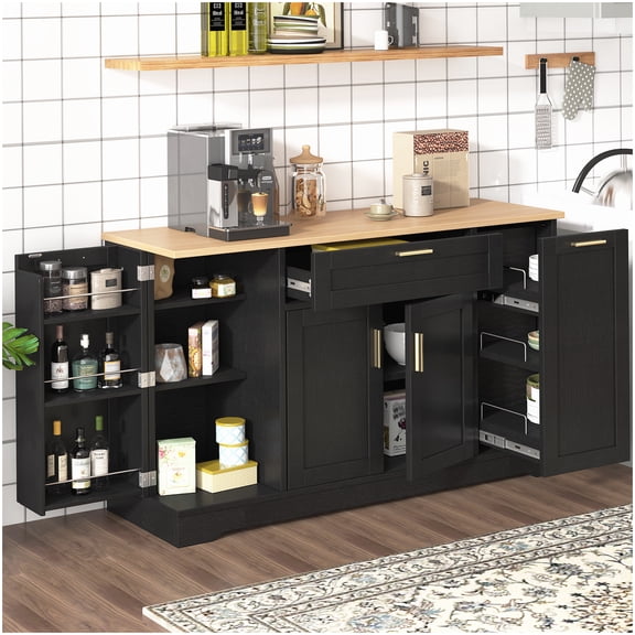 Adjustable Storage Sideboard, Black Kitchen Cabinet with Pull-Out Bottle Rack and Extendable Top for Dining Room & Living Room
