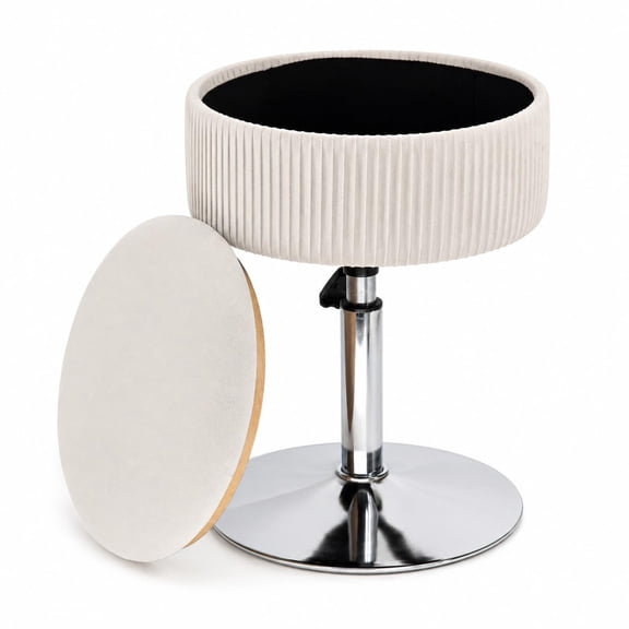 Adjustable Storvanity Stool With Flip-over Wood Tray 360° Swivel Chair Small Round Makeup For Beige