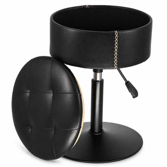 Adjustable Storvanity Stool With Flip-over Wood Tray 360° Swivel Chair Small Round Makeup For Black Pu Leather