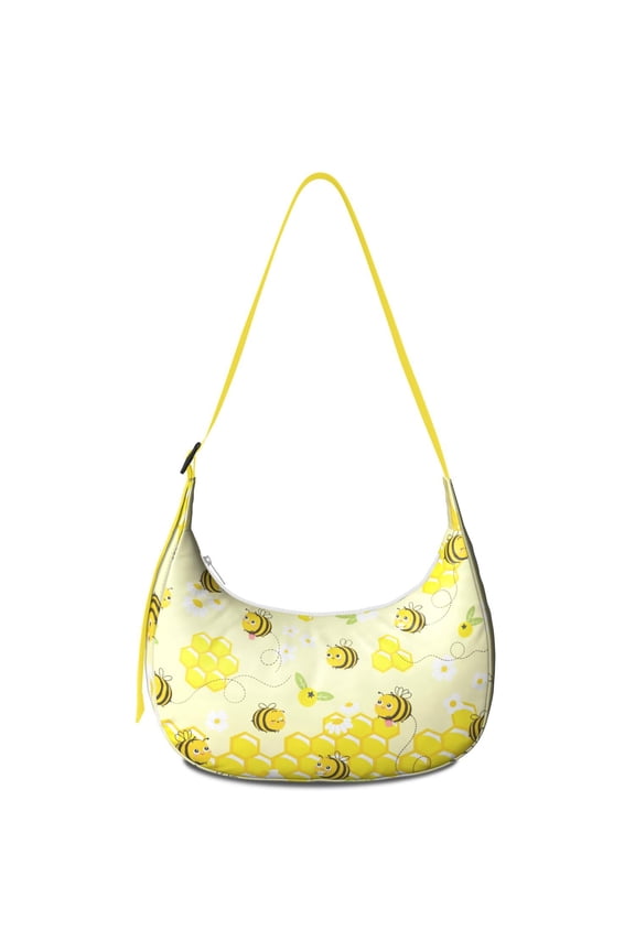 Adjustable Strap Bee Crescent Crossbody Bag for Women Mens , Cute Honey Bumble Bee Cartoon Print Pattern Shoulder Bag, Artistic Honeycomb Design
