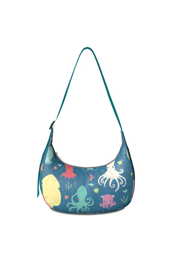 Adjustable Strap Boho Sling Bag with Gothic Pirate Octopus and Treasure Design, Nautical Deep-Sea Cephalopod Colorful Ocean Coral Marine Crossbody Purse Lightweight Nylon