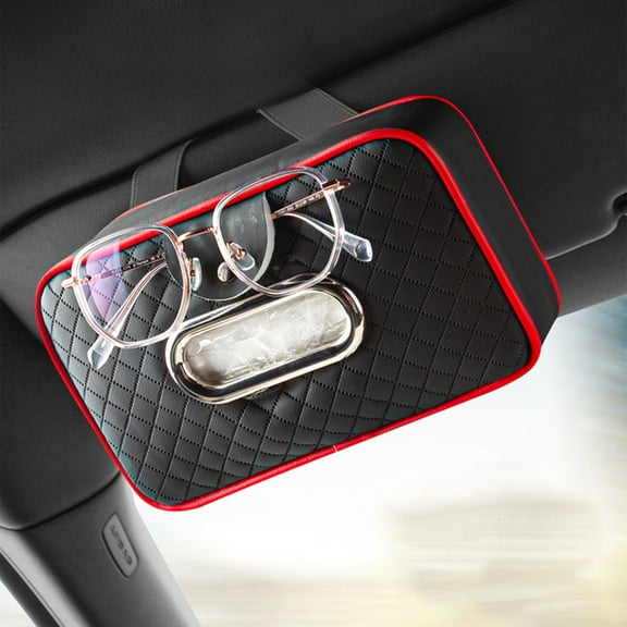 Adjustable Strap Car Visor Tissue Holder with Zipper Closure and Eyeglass Clip, Multi-Functional Leather Organizer for Armrest or Seat Back