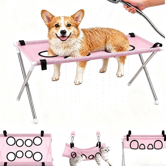 Adjustable‑Strap Foldable Pet Grooming Hammock Stand, Stainless‑Steel Dog Bath Sling Holder, Washable Mesh Washing Station for Bathing Ear Cleaning Dogs Cats Home Salon, Multiple Styles Available