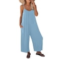 thumbnail image 1 of Adjustable Strap Jumpsuits Women V Neck Casual Summer Sleeveless Loose Jumpsuit Long Pants Rompers with Pockets Sky Blue M, 1 of 7