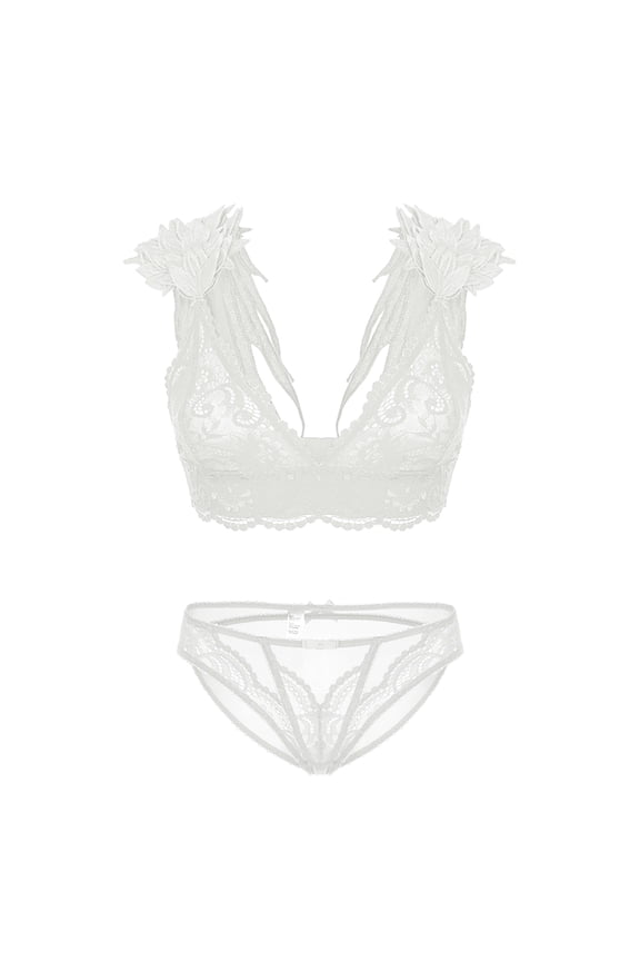 Adjustable Strap Sexy Cute Triangle Bralette with Wings and Lace Bikini Panties for Women